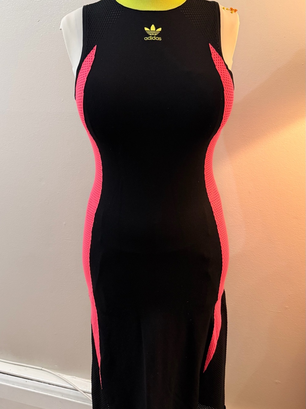 adidas Black Dress with Neon Pink Panels and Yellow Logo